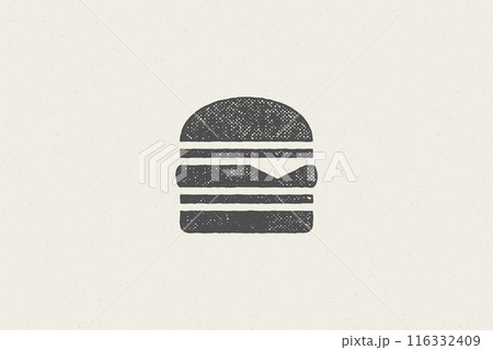 Burger silhouette as logo fast food service hand drawn stamp effect vector illustration. Burger silhouette as logo fast food service hand drawn stamp effect vector illustration. 116332409