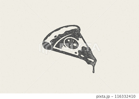 Slice of pizza silhouette with tomato and cheese hand drawn stamp effect vector illustration. Slice of pizza silhouette with tomato and cheese hand drawn stamp effect vector illustration. 116332410