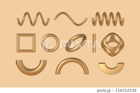 Gold geometric 3d shapes and design elements vector template set. 116332536