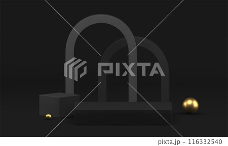 3d black podium pedestal with golden geometric shapes realistic vector illustration 3d black podium pedestal with golden geometric shapes realistic vector illustration 116332540