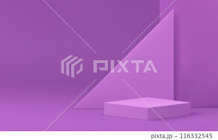 Violet 3d podium pedestal with triangle wall background realistic vector illustration 116332545