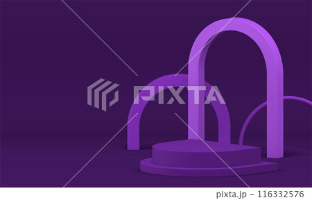 3d purple display podium with arch wall background realistic vector illustration 116332576