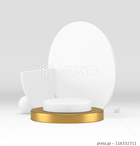 White geometric 3d podium golden pedestal for show realistic vector illustration 116332711
