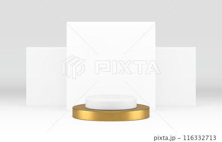 White showroom 3d golden podium mock up for cosmetic product show realistic vector illustration 116332713