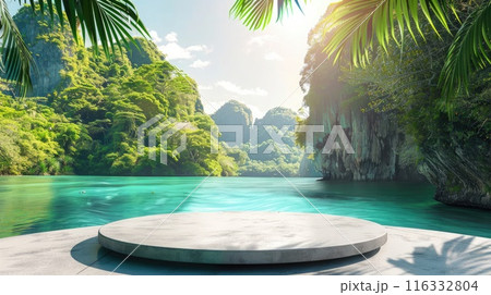 Podium set against a tropical lagoon backdrop with clear blue water and green hills, creating a peaceful and serene environment. Podium tropical Podium set against a tropical lagoon backdrop with clear blue water and green hills, creating a peaceful and serene environment. Podium tropical 116332804