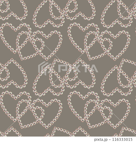 Seamless pattern of pearl jewelry in the shape of a heart on a taupe background. Watercolor illustration in pastel palette with holographic effect for wallpaper, Valentine's card, engagement, wedding 116333015