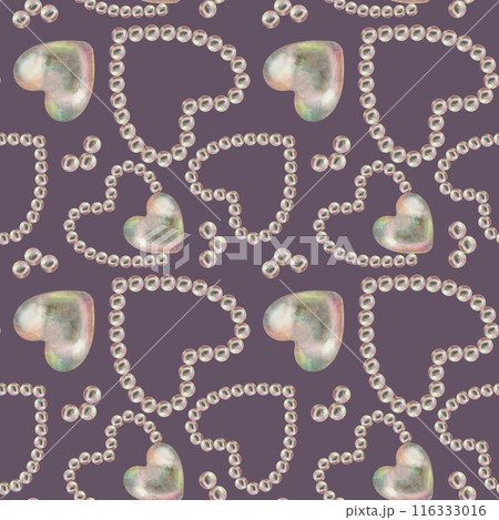 Seamless pattern of pearl jewelry in the shape of a heart on a purple background. Watercolor illustration in pastel palette with holographic effect for wallpaper, Valentine's card, engagement, wedding 116333016