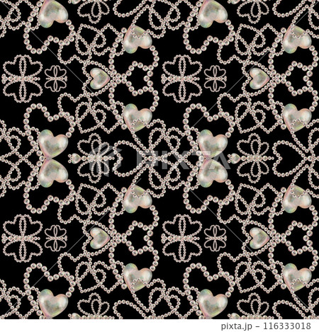 Seamless pattern of pearl jewelry in the shape of a heart on a black background. Watercolor illustration in pastel palette with holographic effect for wallpaper, Valentine's card, engagement, wedding 116333018