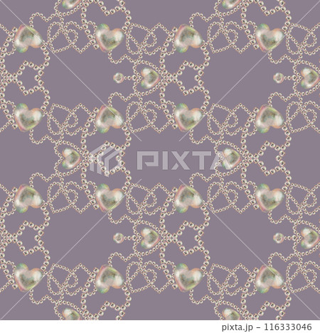 Seamless pattern of pearl jewelry in the shape of a heart on a purple background. Watercolor illustration in pastel palette with holographic effect for wallpaper, Valentine's card, engagement, wedding 116333046