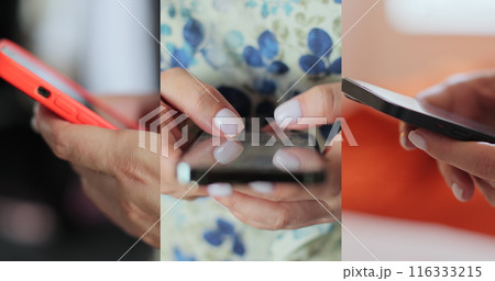 Multiscreen on people using smartphone in everyday life. Nomophobia - People using the mobile phone. No-mobile-phone phobia. Multiscreen on people using smartphone in everyday life. Nomophobia - People using the mobile phone. No-mobile-phone phobia. 116333215