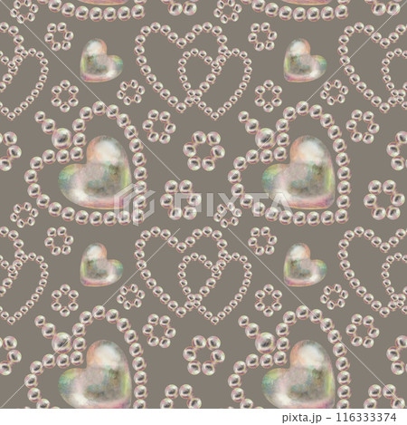 Seamless pattern of pearl jewelry in the shape of a heart on a taupe background. Watercolor illustration in pastel palette with holographic effect for wallpaper, Valentine's card, engagement, wedding Seamless pattern of pearl jewelry in the shape of a heart on a taupe background. Watercolor illustration in pastel palette with holographic effect for wallpaper, Valentine's card, engagement, wedding 116333374