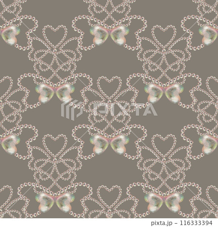 Seamless pattern of pearl jewelry in the shape of a heart on a taupe background. Watercolor illustration in pastel palette with holographic effect for wallpaper, Valentine's card, engagement, wedding Seamless pattern of pearl jewelry in the shape of a heart on a taupe background. Watercolor illustration in pastel palette with holographic effect for wallpaper, Valentine's card, engagement, wedding 116333394