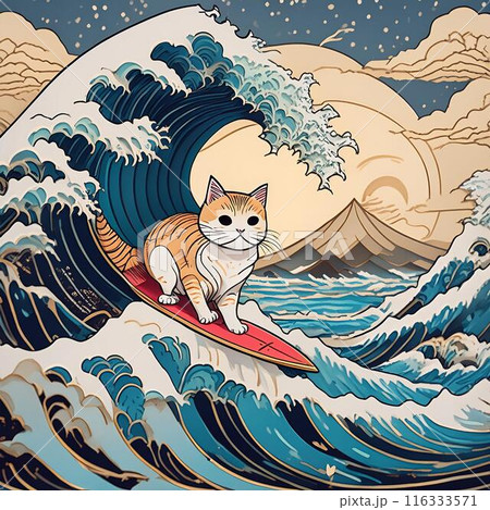 Surfing Cat Ukiyo-e Hokusai Styke 116333571