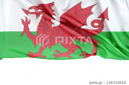 Flag of Wales isolated on white background with copy space below. 3D rendering Flag of Wales isolated on white background with copy space below. 3D rendering 116333628