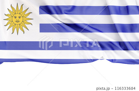 Flag of Uruguay isolated on white background with copy space below. 3D rendering 116333684