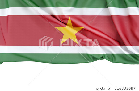 Flag of Suriname on white background with copy space below. 3D rendering Flag of Suriname on white background with copy space below. 3D rendering 116333697