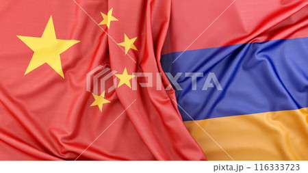 Chinese and Armenian flags lying together representing countries. 3D Rendering 116333723