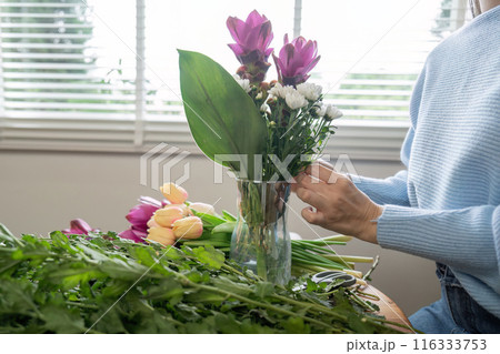 Woman Arranging Fresh Flowers in a Vase on a Table by a Window with Natural Light 116333753