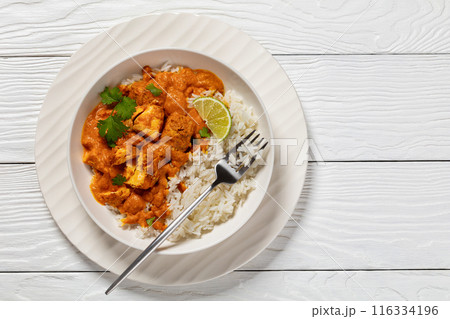 indian spiced fish curry, salmon masala, top view 116334196
