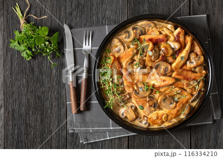 chicken stroganoff in a baking dish, top view chicken stroganoff in a baking dish, top view 116334210