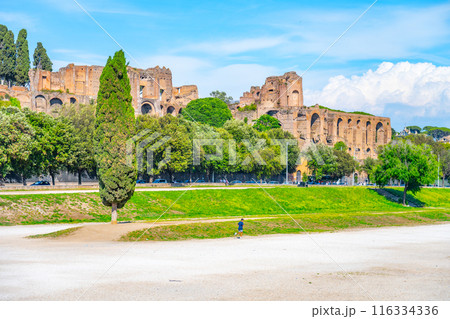 The Circus Maximus, Italian: Circo Massimo, an ancient Roman chariot-racing stadium and mass entertainment place in ancient Rome, Italy. With buildings of Palatine Hill on background 116334336
