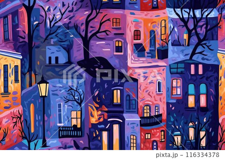 Seamless pattern: illustration of a European city street with houses and roofs, night scene, holiday mood. Generated AI Seamless pattern: illustration of a European city street with houses and roofs, night scene, holiday mood. Generated AI 116334378