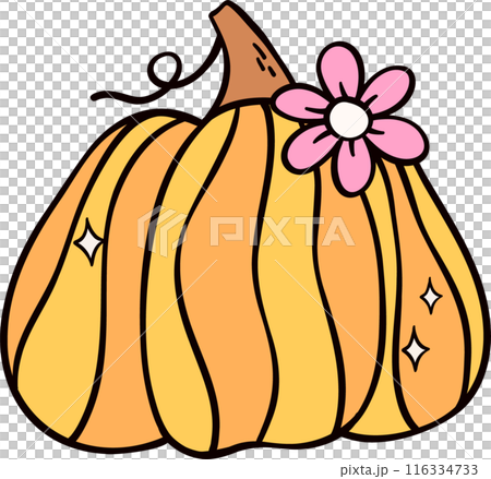 Groovy retro autumn pumpkin hippie cartoon doodle playful and vibrant fall season illustration. 116334733