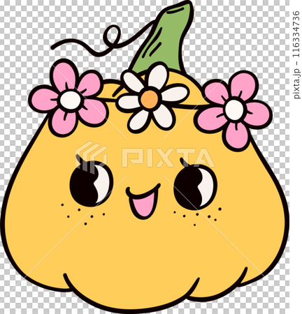 Groovy retro autumn pumpkin hippie cartoon doodle playful and vibrant fall season illustration. Groovy retro autumn pumpkin hippie cartoon doodle playful and vibrant fall season illustration. 116334736