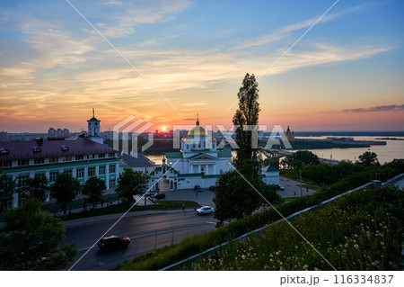 Evening view of Annunciation Monastery, Kanavinsky Bridge and Alexander Nevsky Cathedrall, Nizhny Novgorod, Russia Evening view of Annunciation Monastery, Kanavinsky Bridge and Alexander Nevsky Cathedrall, Nizhny Novgorod, Russia 116334837