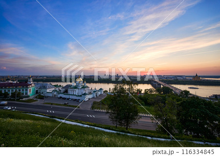 Evening view of Annunciation Monastery, Kanavinsky Bridge and Alexander Nevsky Cathedrall, Nizhny Novgorod, Russia 116334845