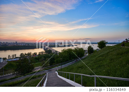 Evening view of Kanavinsky Bridge and Alexander Nevsky Cathedrall, Nizhny Novgorod, Russia Evening view of Kanavinsky Bridge and Alexander Nevsky Cathedrall, Nizhny Novgorod, Russia 116334849