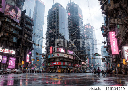雑多に増築された建物が立ち並ぶ未来都市の雨降る交差点風景 雑多に増築された建物が立ち並ぶ未来都市の雨降る交差点風景 116334930