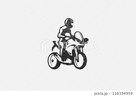 Man rider on superbike motorcycle silhouette hand drawn ink stamp vector illustration. 116334959