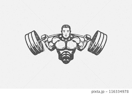 Strong bodybuilder lifting barbell silhouette hand drawn stamp vector illustration. 116334978