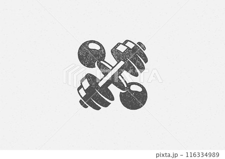 Heavy crossed dumbbells silhouette as symbol of weightlifting training in gym hand drawn stamp vector illustration. 116334989