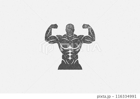 Powerful bodybuilder showing muscles silhouette hand drawn stamp vector illustration. Powerful bodybuilder showing muscles silhouette hand drawn stamp vector illustration. 116334991
