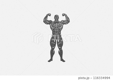 Powerful bodybuilder showing muscles silhouette hand drawn stamp vector illustration. Powerful bodybuilder showing muscles silhouette hand drawn stamp vector illustration. 116334994
