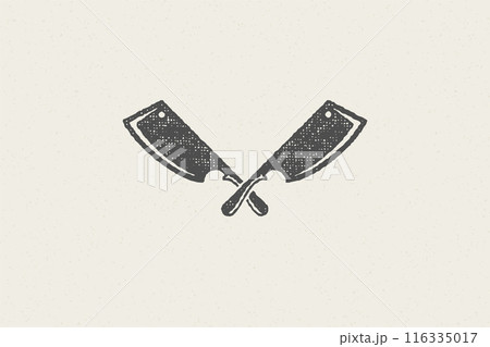 Sharp butcher knives crossed silhouette symbol for meat industry hand drawn stamp effect vector illustration. Sharp butcher knives crossed silhouette symbol for meat industry hand drawn stamp effect vector illustration. 116335017