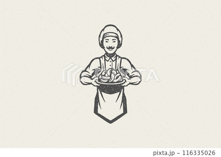 Male chef holding bunch of fresh sausages hand drawn stamp effect vector illustration. Male chef holding bunch of fresh sausages hand drawn stamp effect vector illustration. 116335026