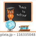 Stacks of books, a wise owl in a graduate hat sits on a globe. On background chalkboard inscription back to school. Modern design template banner. Vector 116335048
