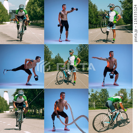 Collage. Athlete with prosthetic limbs engaging in cycling and weightlifting, highlighting strength, resilience, and an active, healthy lifestyle. 116335124