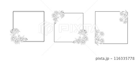 Daisy flower geometric border minimalist frame line art on white background. Silhouette botanical hand drawn element for wedding, invitation frame design, vector illustration Daisy flower geometric border minimalist frame line art on white background. Silhouette botanical hand drawn element for wedding, invitation frame design, vector illustration 116335778