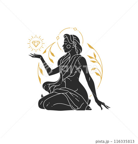 Beautiful bohemian woman with floral decor and gemstone silhouette. 116335813