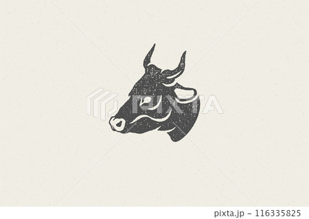 Black cow head silhouette with horns designed for meat industry hand drawn stamp effect vector illustration. 116335825