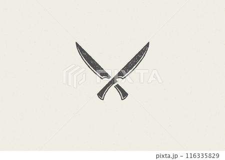 Sharp butcher knives crossed silhouette symbol for meat industry hand drawn stamp effect vector illustration. 116335829