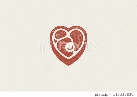 Heart shaped pieced of fresh meat steak silhouette hand drawn stamp effect vector illustration. 116335830