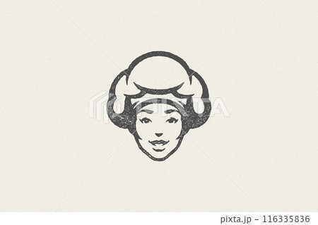 Woman head in traditional chef cap silhouette work in kitchen hand drawn stamp effect vector illustration 116335836