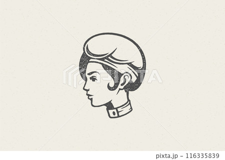 Woman head in traditional chef cap silhouette work in kitchen hand drawn stamp effect vector illustration. 116335839