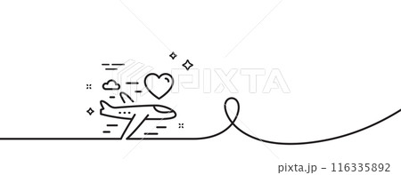 Honeymoon travel line icon. Continuous one line with curl. Love trip sign. Valentines day flight symbol. Honeymoon travel single outline ribbon. Loop curve pattern. Vector 116335892