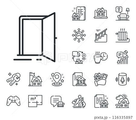 Entrance doorway sign. Floor plan, stairs and lounge room outline icons. Open door line icon. Building entry symbol. Open door line sign. House mortgage, sell building icon. Real estate. Vector 116335897